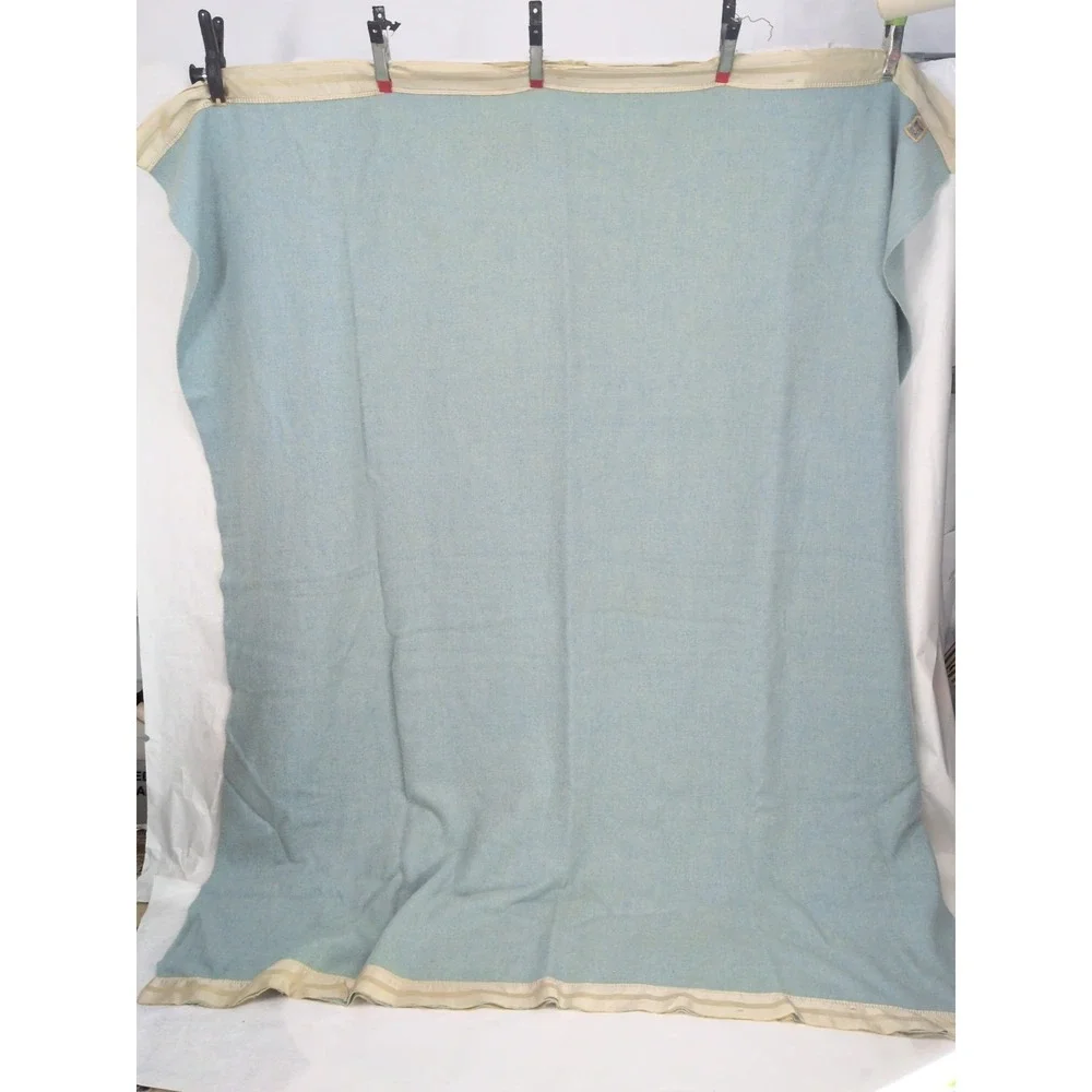 Vintage Kenwood Wool Satin Trim Teal Blue Blanket 73X84 In